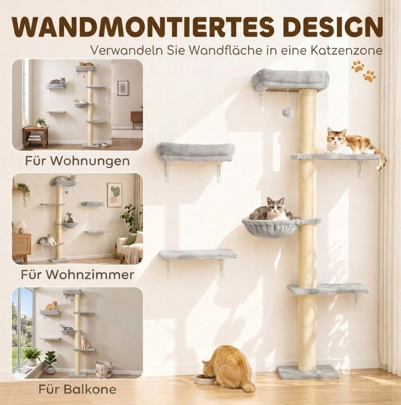 Set da parete per gatti con amaca, cucce e tiragraffi in sisal