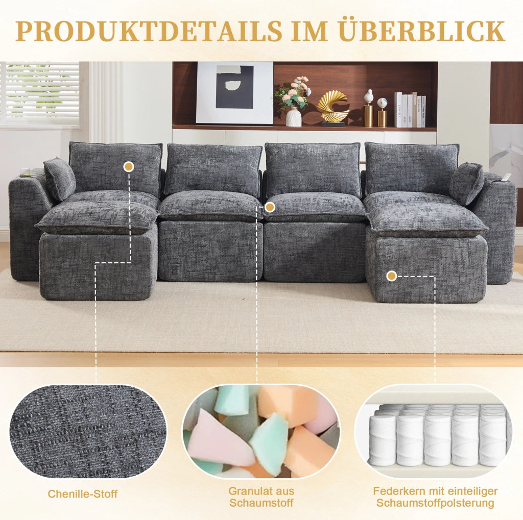 Divano modulare in ciniglia grigio scuro con pouf e cuscini