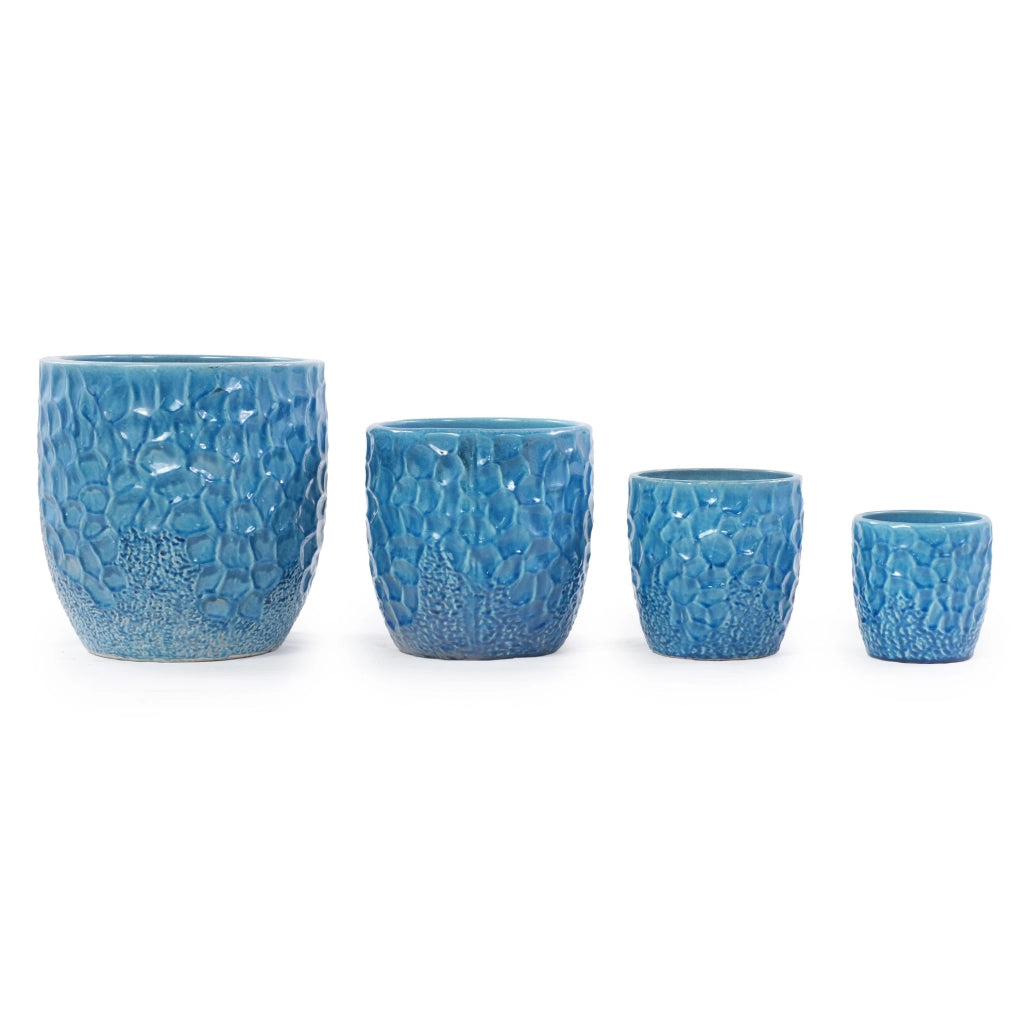 Vaso in ceramica blu lucida con rilievo, diametro 30 cm