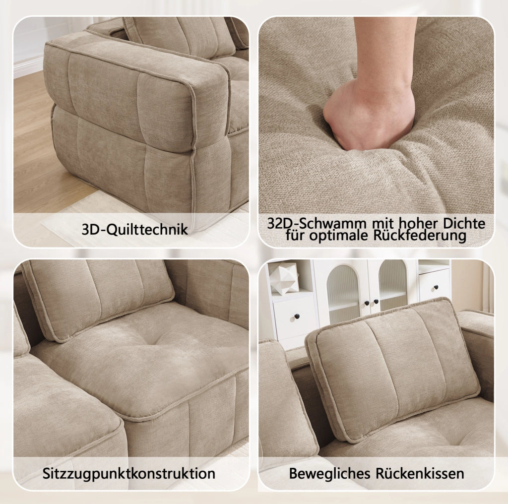 Divano modulare a due posti con pouf color sabbia