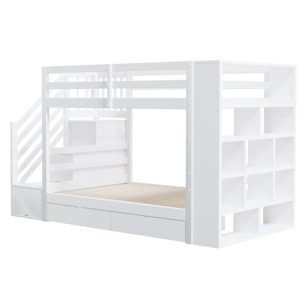 Letto a castello 90x200 bianco in pino con contenitori e 2 materassi
