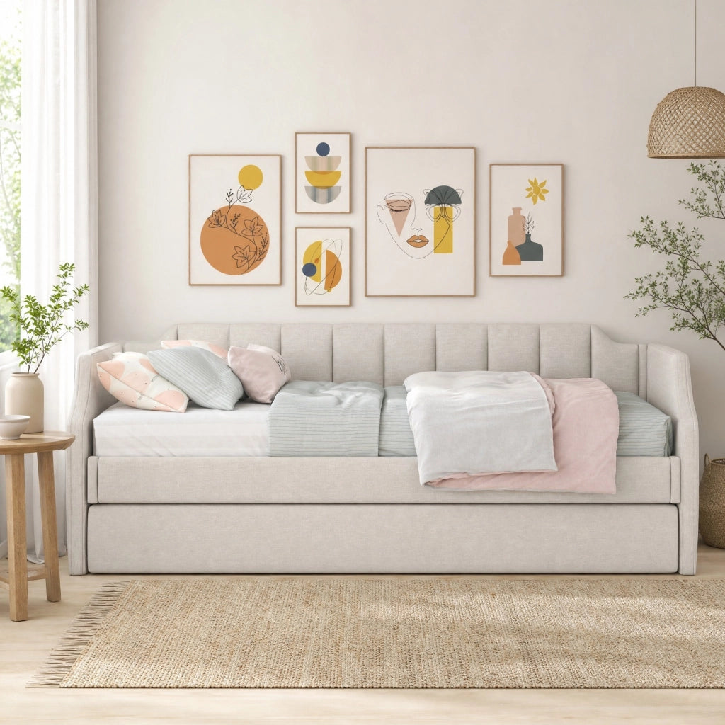 Letto da giorno imbottito IVMEU con letto estraibile 90x190 cm, letto principale 90x200 cm, beige