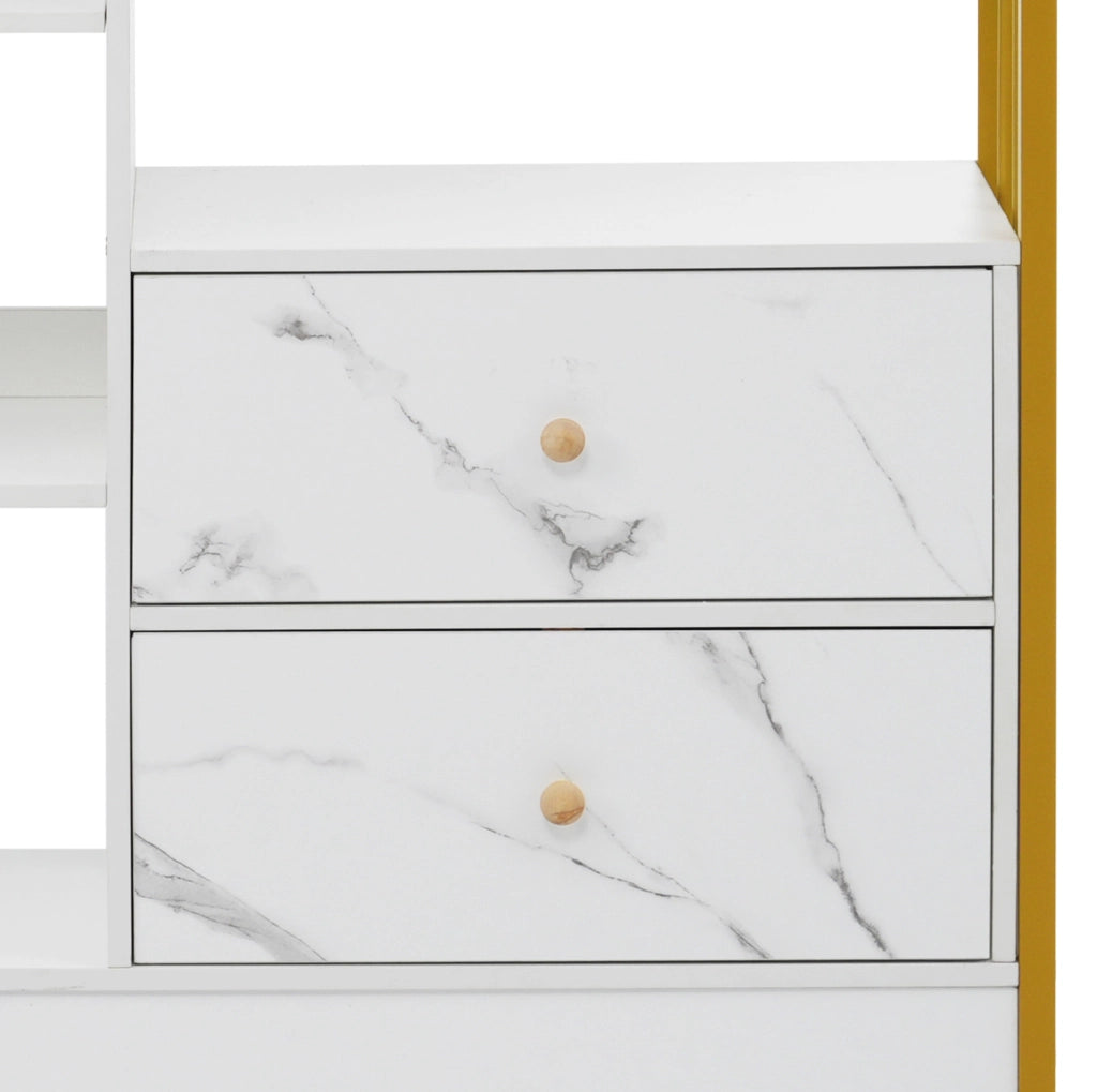 Libreria ULEVR con ripiani aperti, cassetti e vani chiusi, pannello truciolare bianco e oro effetto marmo