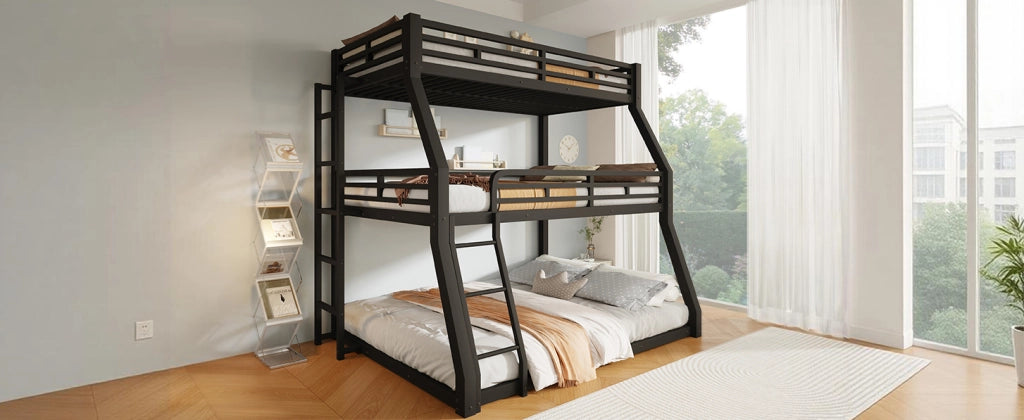 Letto a castello triplo in metallo nero 90 x 200 / 120 x 200 / 140 x 200 cm con scale regolabili per bambini, ragazzi e adulti, senza materasso