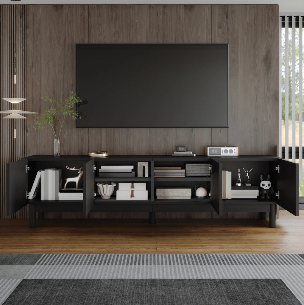 Mobile TV nero con ante curve, ripiani interni e gambe stabili 169x34x45,5 cm