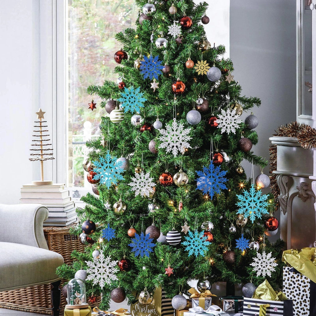30 fiocchi di neve scintillanti, 3 dimensioni, blu/azzurro/argento