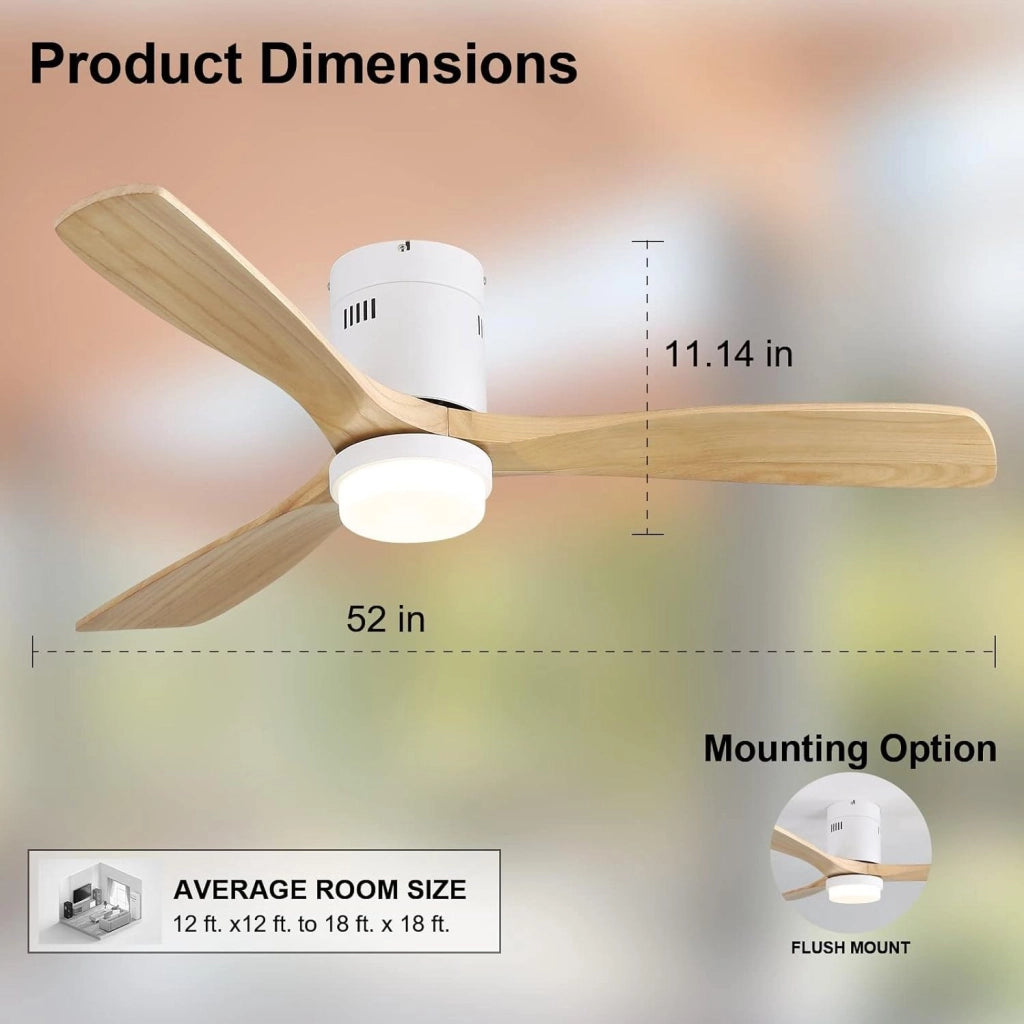 Ventilatore da soffitto 52 pollici con LED 18 W, telecomando e 3 pale in legno bianco