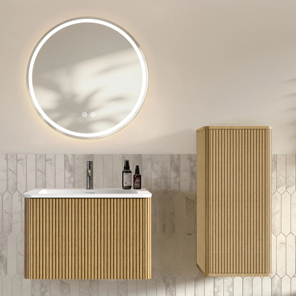 Set mobili bagno 60 cm con lavabo e specchio LED, rovere, salvaspazio