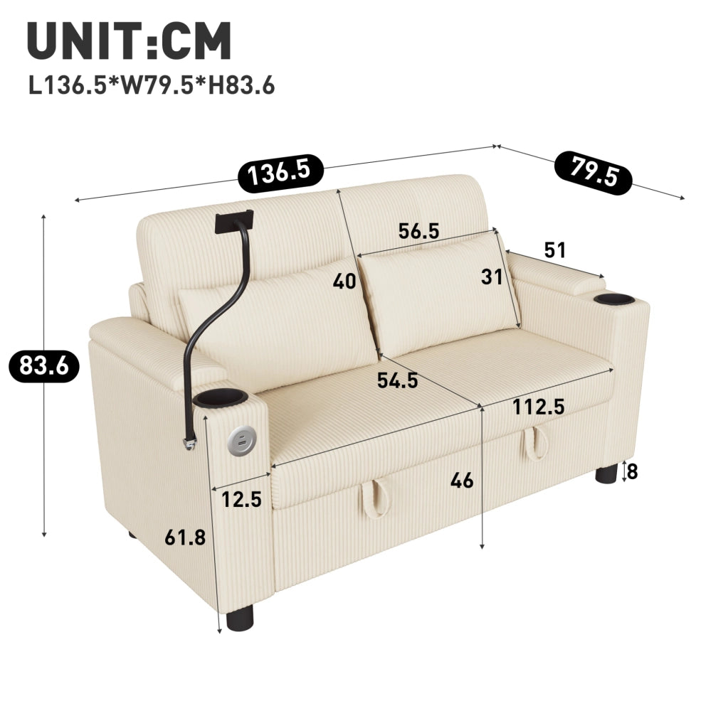 Divano 2 posti beige in velluto a coste con contenitore, USB e Type-C
