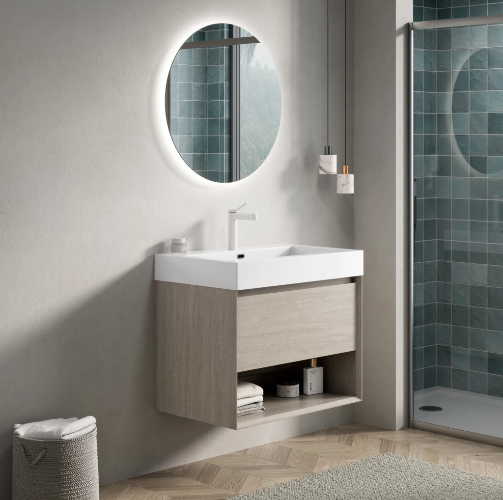 Mobile bagno sospeso IVMEU 70 cm con lavabo integrato in resina, cassetto e ripiano aperto, rovere chiaro e bianco