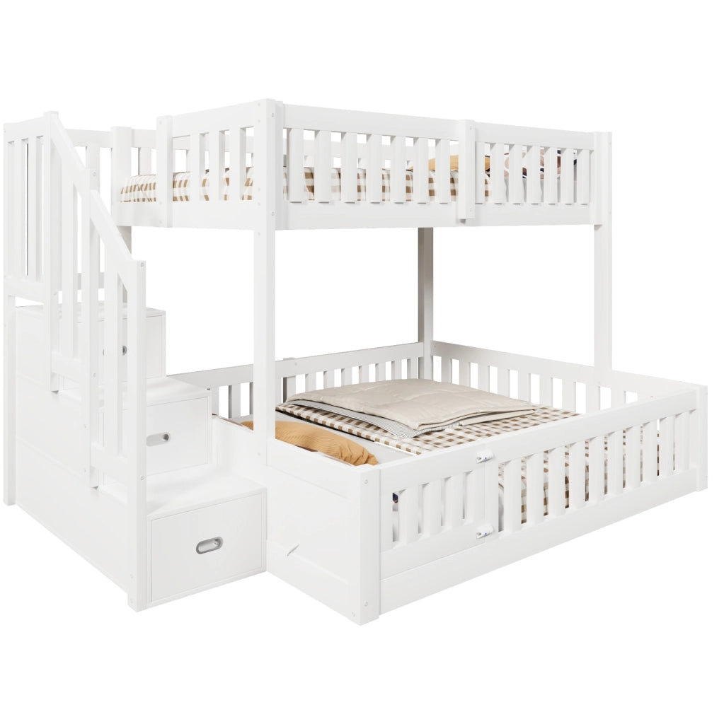 Letto a castello bianco 90x200 e 140x200 con scala e spazio contenitivo in pino massello