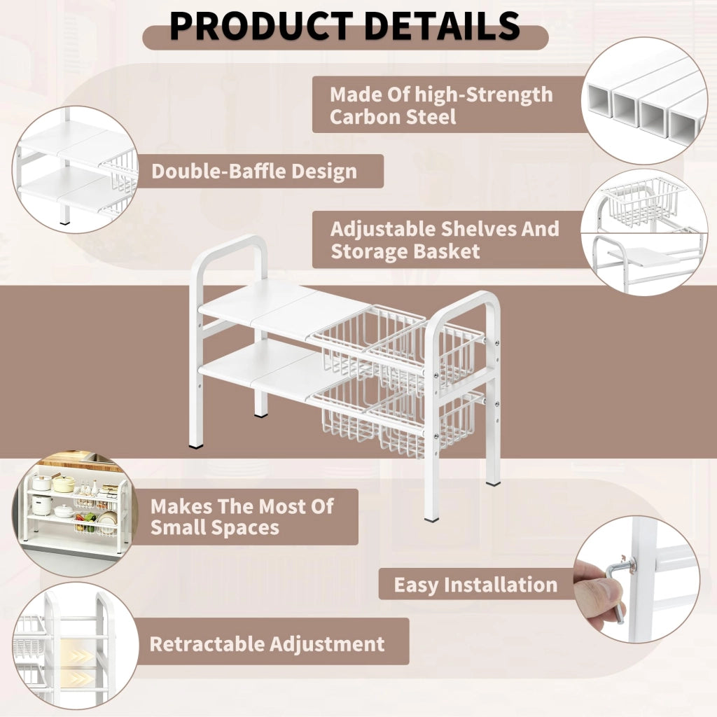 Organizzatore per armadietti da cucina, a 2 livelli, bianco, con 4 ripiani e 4 cesti