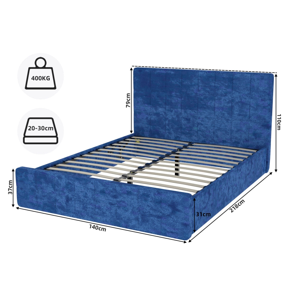 Letto imbottito blu in velluto 140 x 200 cm con testiera trapuntata