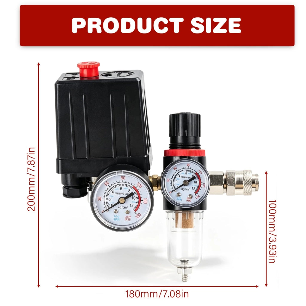 Pressostato regolatore di pressione per compressore, 240 V compressore d'aria con separatore d'acqua + 2 manometri + valvola di sicurezza, interruttore compressore 90-175 PSI ricambi compressore d'aria, attacco 1/4 di pollice