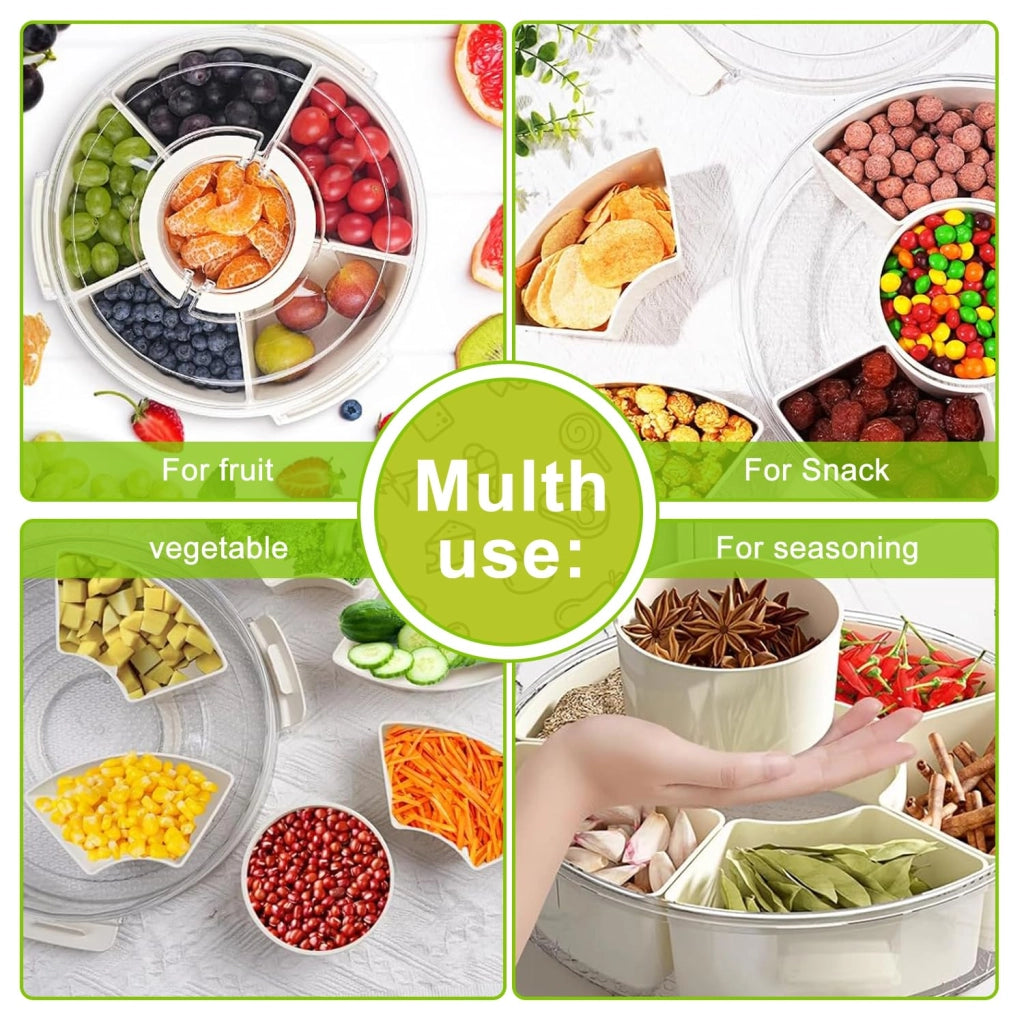 Scatola per snack con scomparti, piatto per snack con coperchio 30,5 cm, organizer girevole con 6 scomparti rimovibili e maniglia, per dolci, frutta, snack