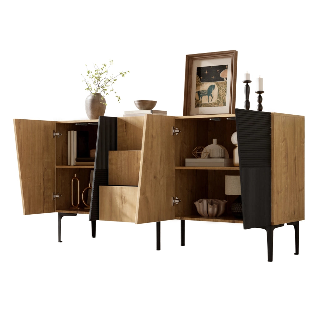 Credenza con 4 ante e 3 cassetti, effetto legno naturale e nero