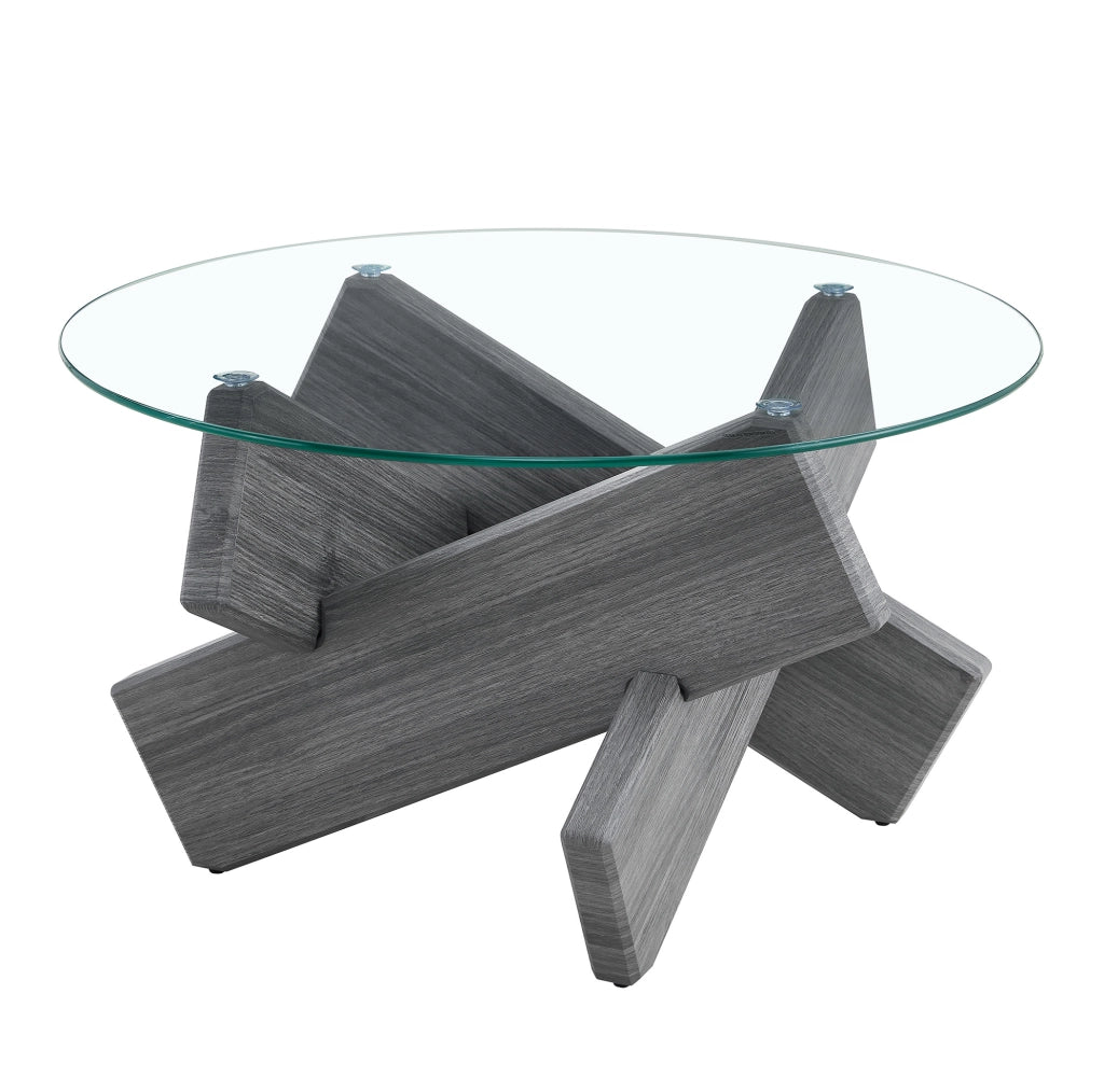 Tavolino rotondo 79 cm in MDF grigio e vetro trasparente, design incrociato