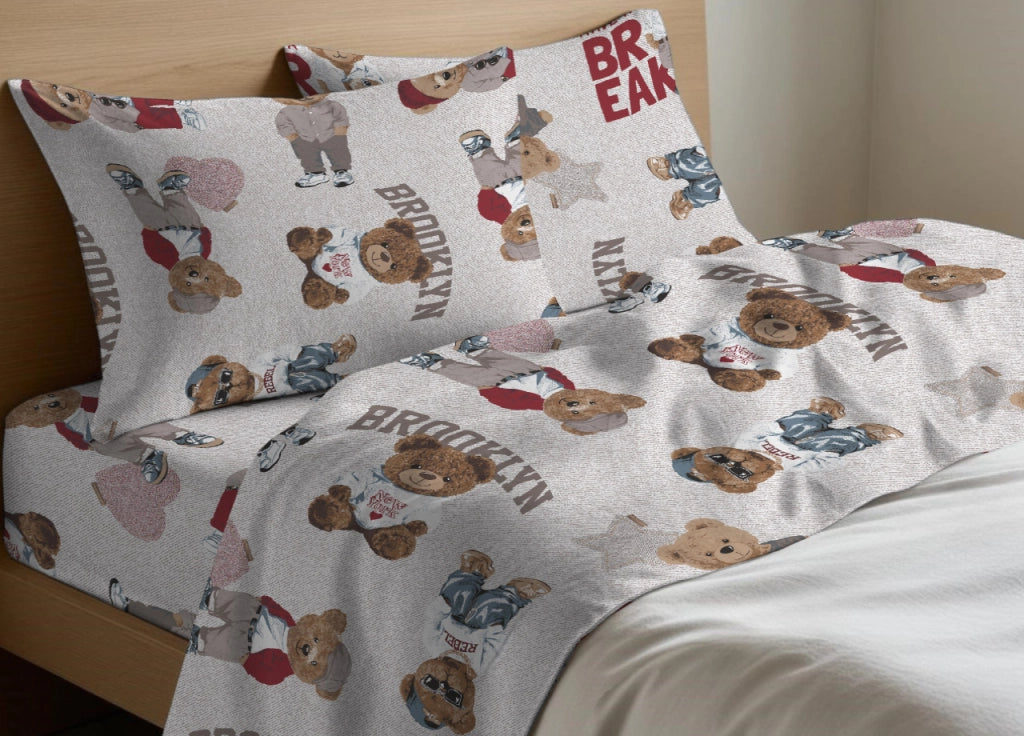 Completo Lenzuola Letto Morbida Flanella 100% Cotone Disegno Teddy - Maxi - Beige