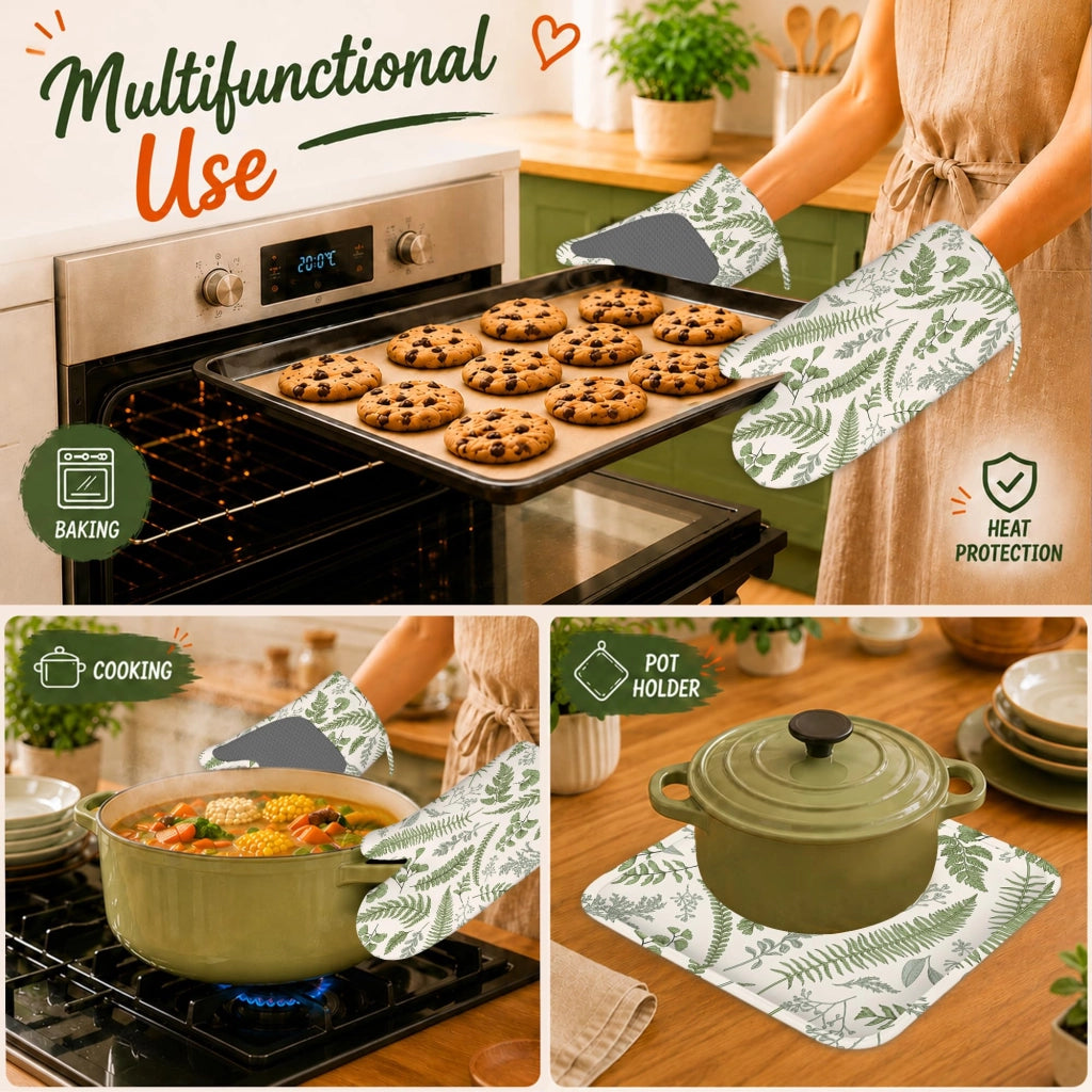 Set di 4 guanti da forno in silicone, resistenti al calore, con motivo vintage a foglie