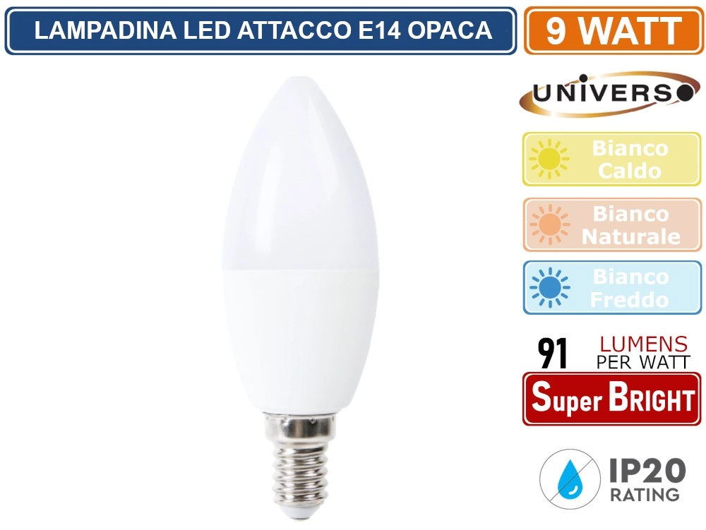15 PEZZI UNIVERSO LAMPADINA LED E14 9W CANDLE C37 CANDELA SMD 820 LUMEN - Colore Luce:Bianco Naturale