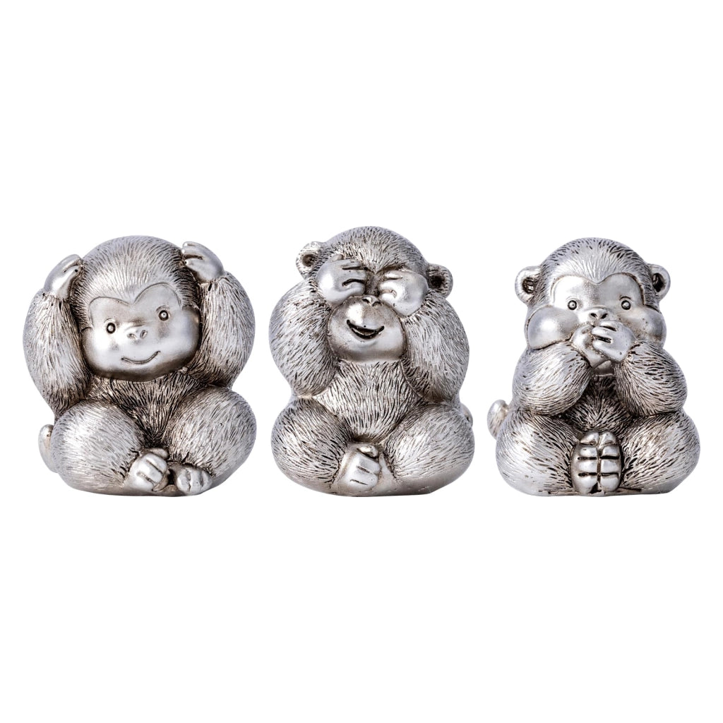 3 statue di scimmie stilizzate – argento, resina, dipinte a mano, decorazione