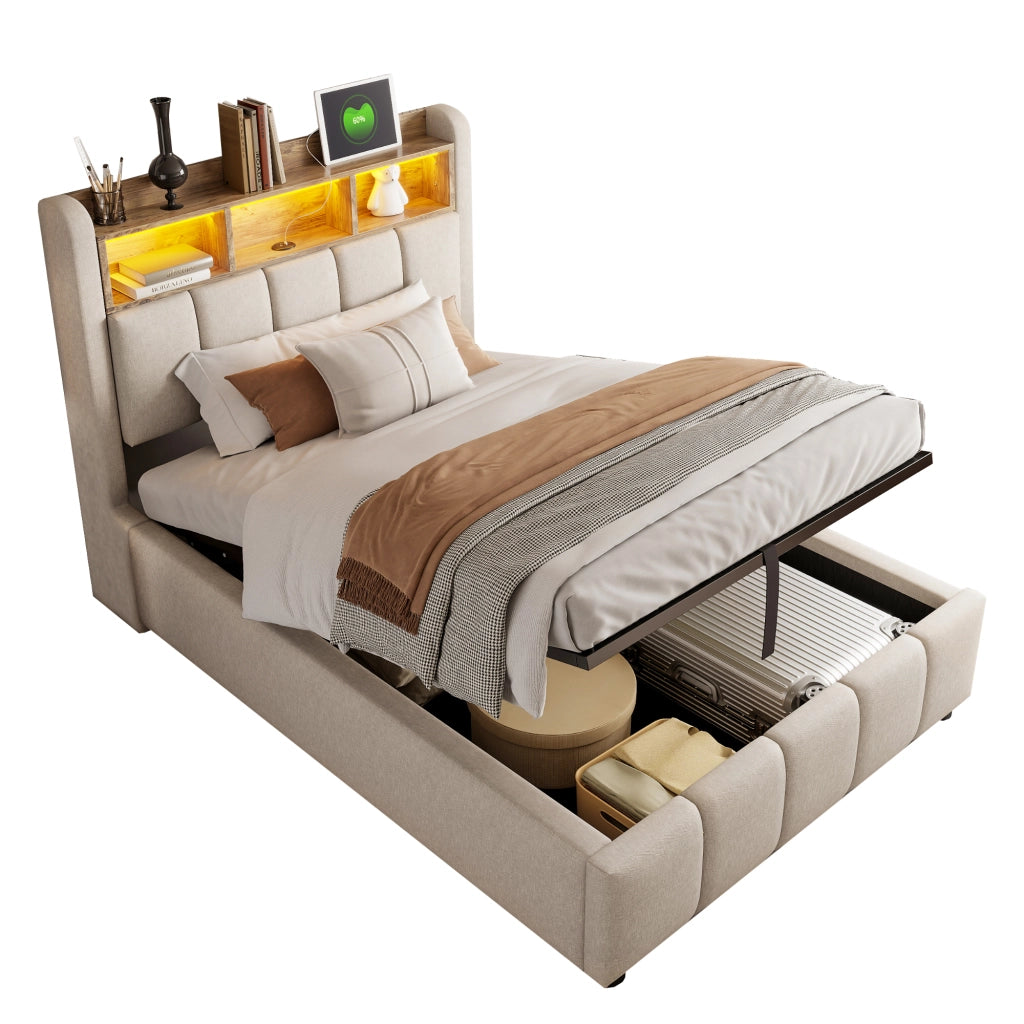 Letto imbottito 90 x 200 cm beige con contenitore idraulico