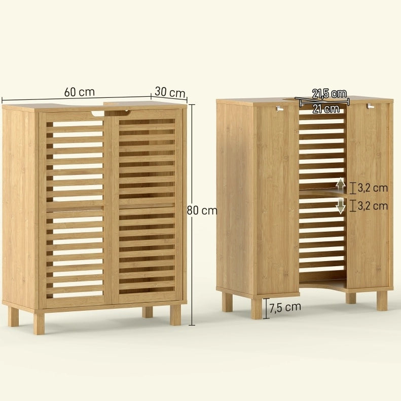 Mobile bagno in bambù con ante a lamelle e ripiani regolabili, 60x30x80 cm, colore naturale