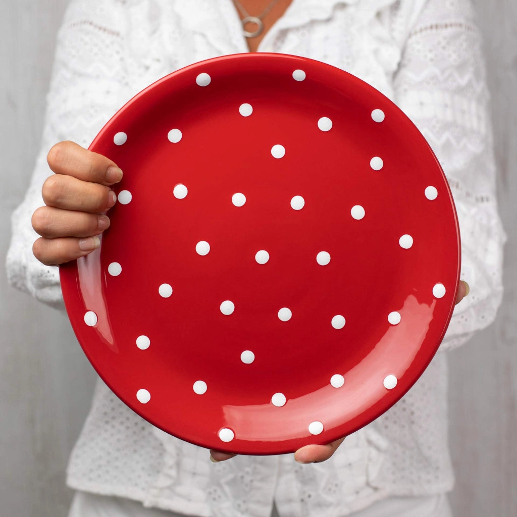 Piatto in Vetroceramica dipinto a mano, decorato con puntini, diametro 25,5 cm, color rosso e bianco