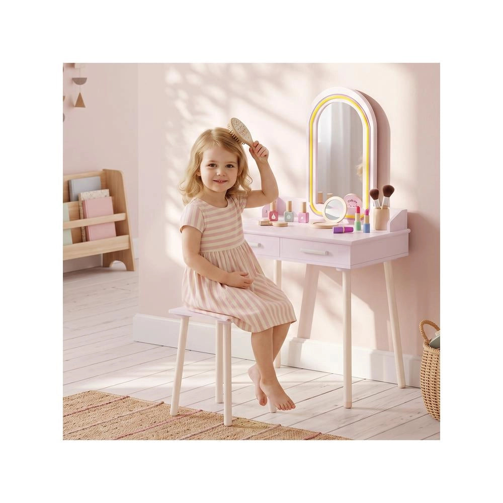 Toletta per bambini 2 in 1 con specchio LED rosa, tavolo da trucco con luci a 3 colori e cassetti, pratica per cameretta
