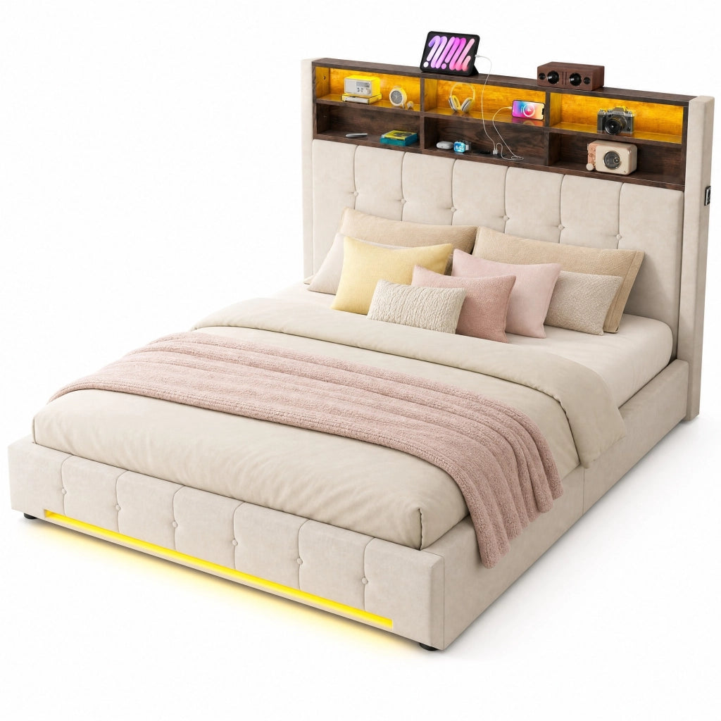 Letto in velluto 180×200 cm con testiera multifunzionale, 6 scomparti, LED, USB-C, meccanismo idraulico e grande contenitore protetto dalla polvere