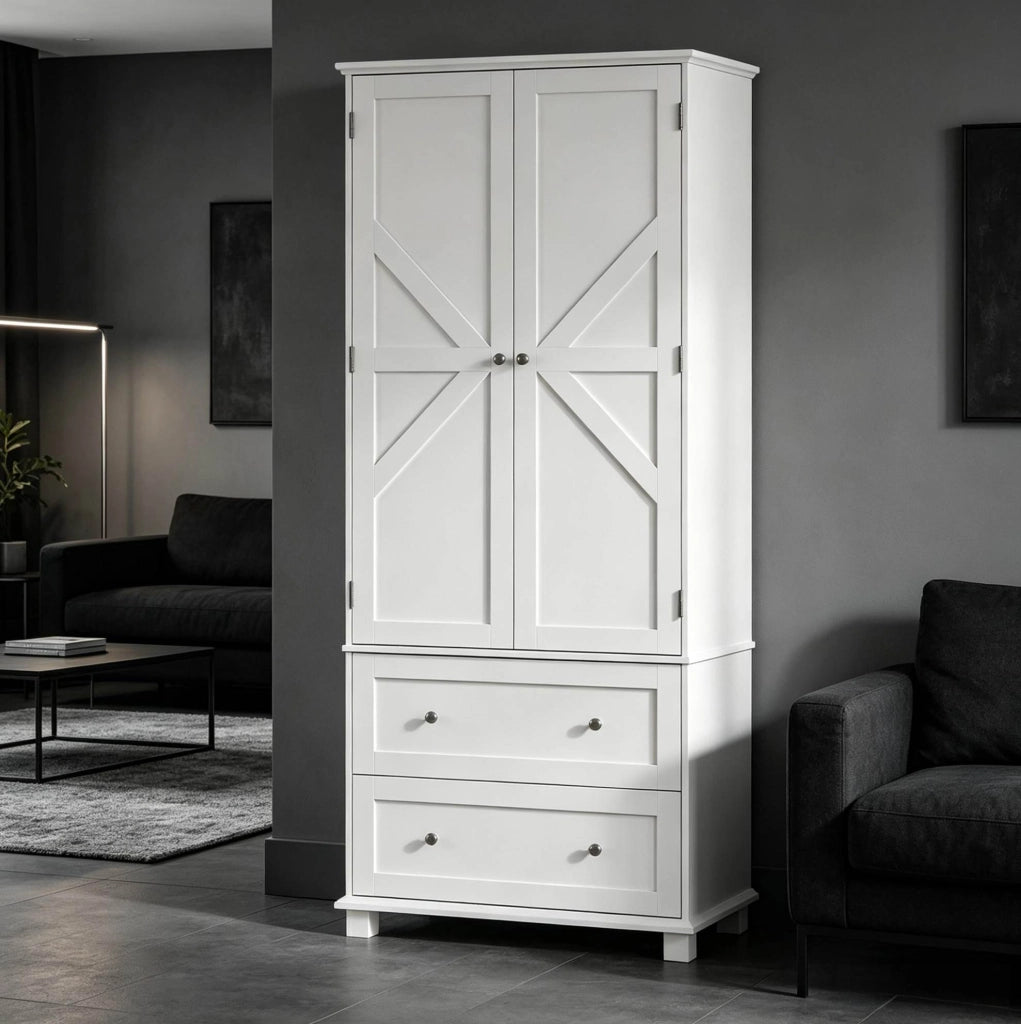 Credenza da cucina bianca con ripiani regolabili e vani portaoggetti
