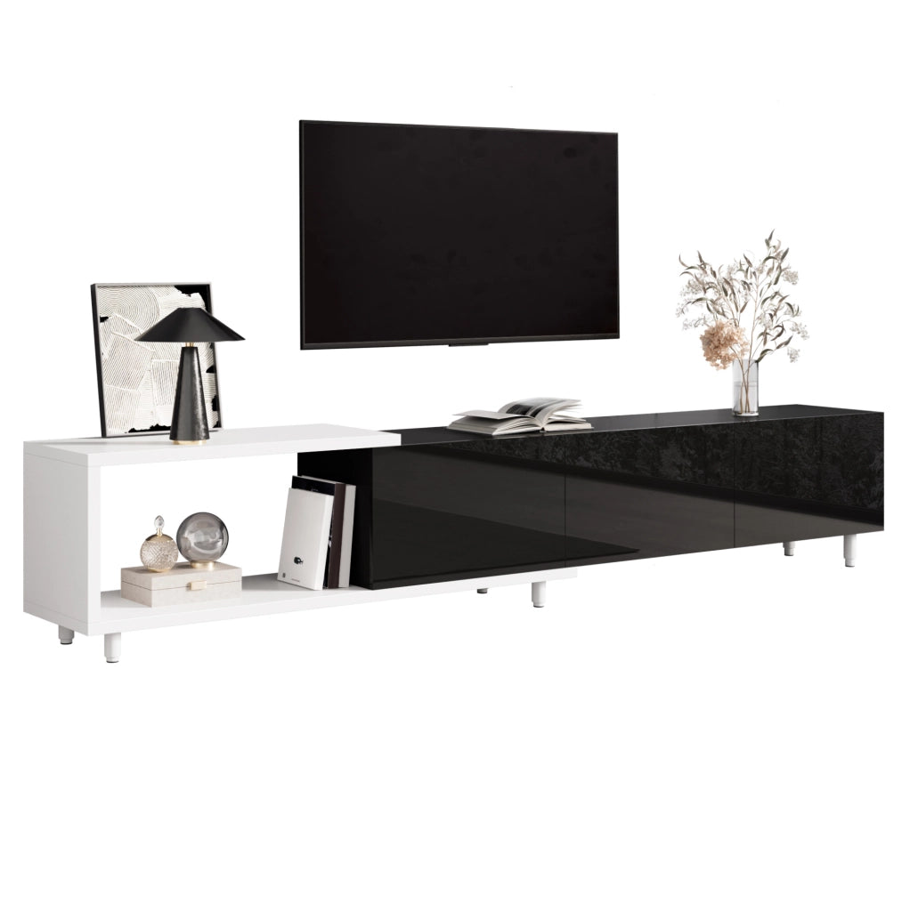Mobile TV estensibile 258 x 38 x 48,5 cm nero e bianco, design moderno