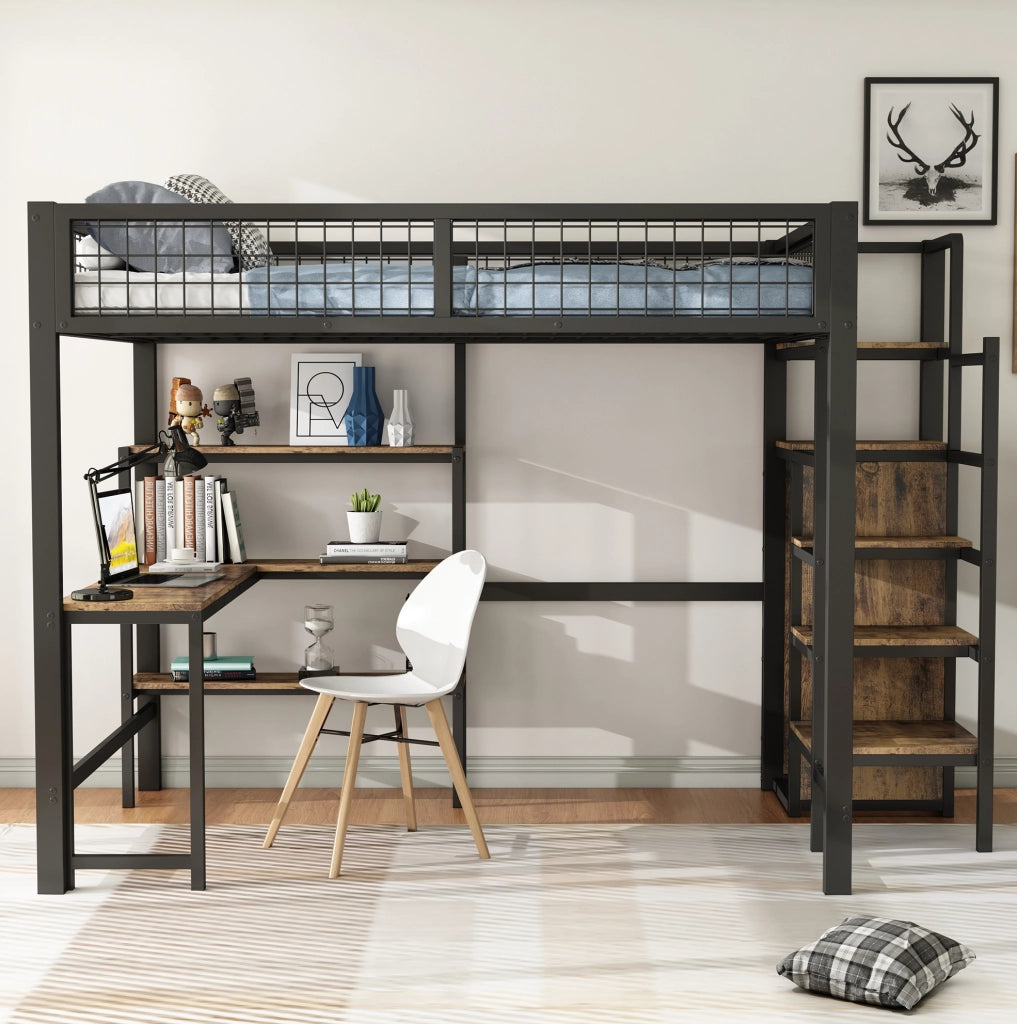 Letto a soppalco 140x200 cm in ferro con scrivania, scaffali e armadio integrato, nero