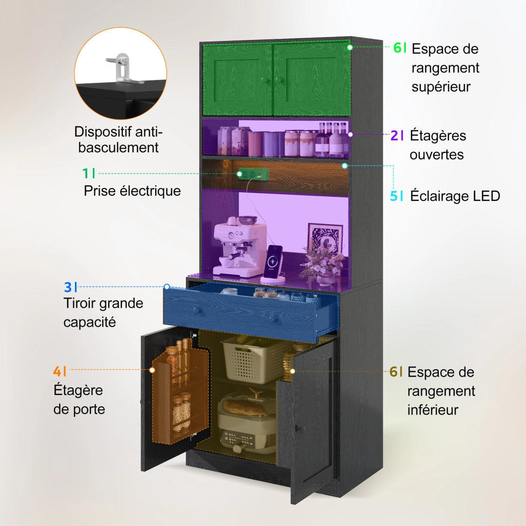 Mobile da cucina 72 × 40 × 180 cm con LED RGB prese AC e USB cassetto grande ripiani MDF nero fissaggio a parete