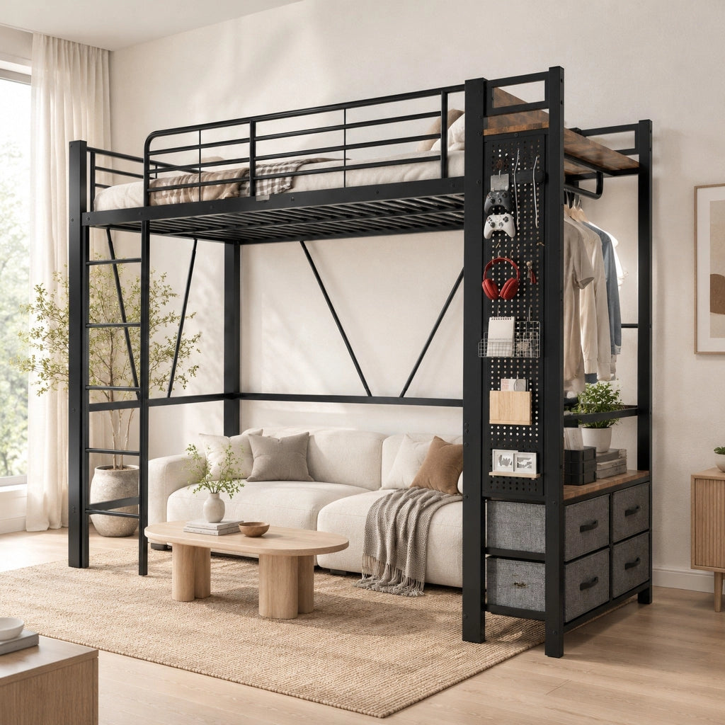 Letto a soppalco 90x200 nero con LED, USB, Type-C e materasso