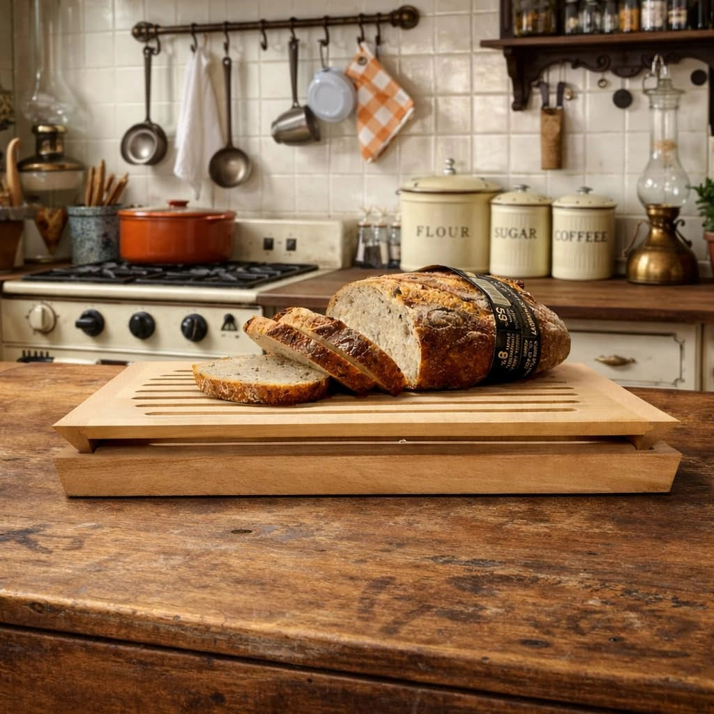 Tagliere per pane con raccoglitore per briciole, dimensioni 30x40x5 cm, in legno di faggio