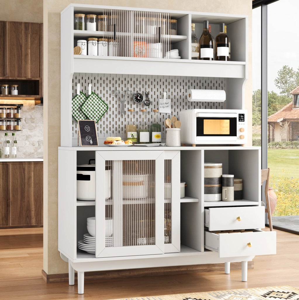Credenza da cucina bianca con ante scorrevoli in vetro e cassetti