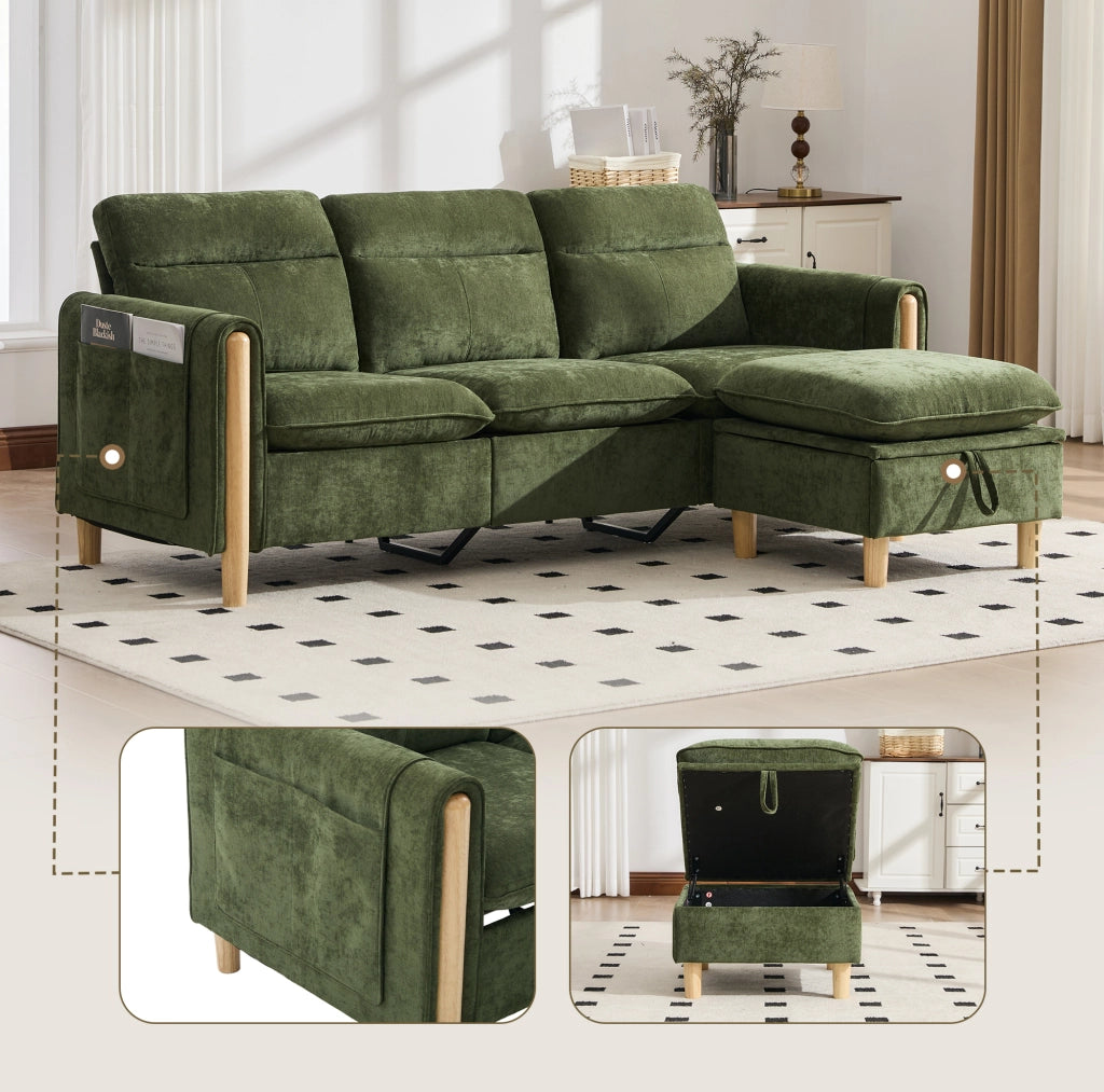 Divano a 3 posti in ciniglia verde con pouf contenitore reversibile