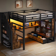 LETTO a soppalco 140x200 cm con scrivania, scaffali e cassetti, metallo e MDF, nero
