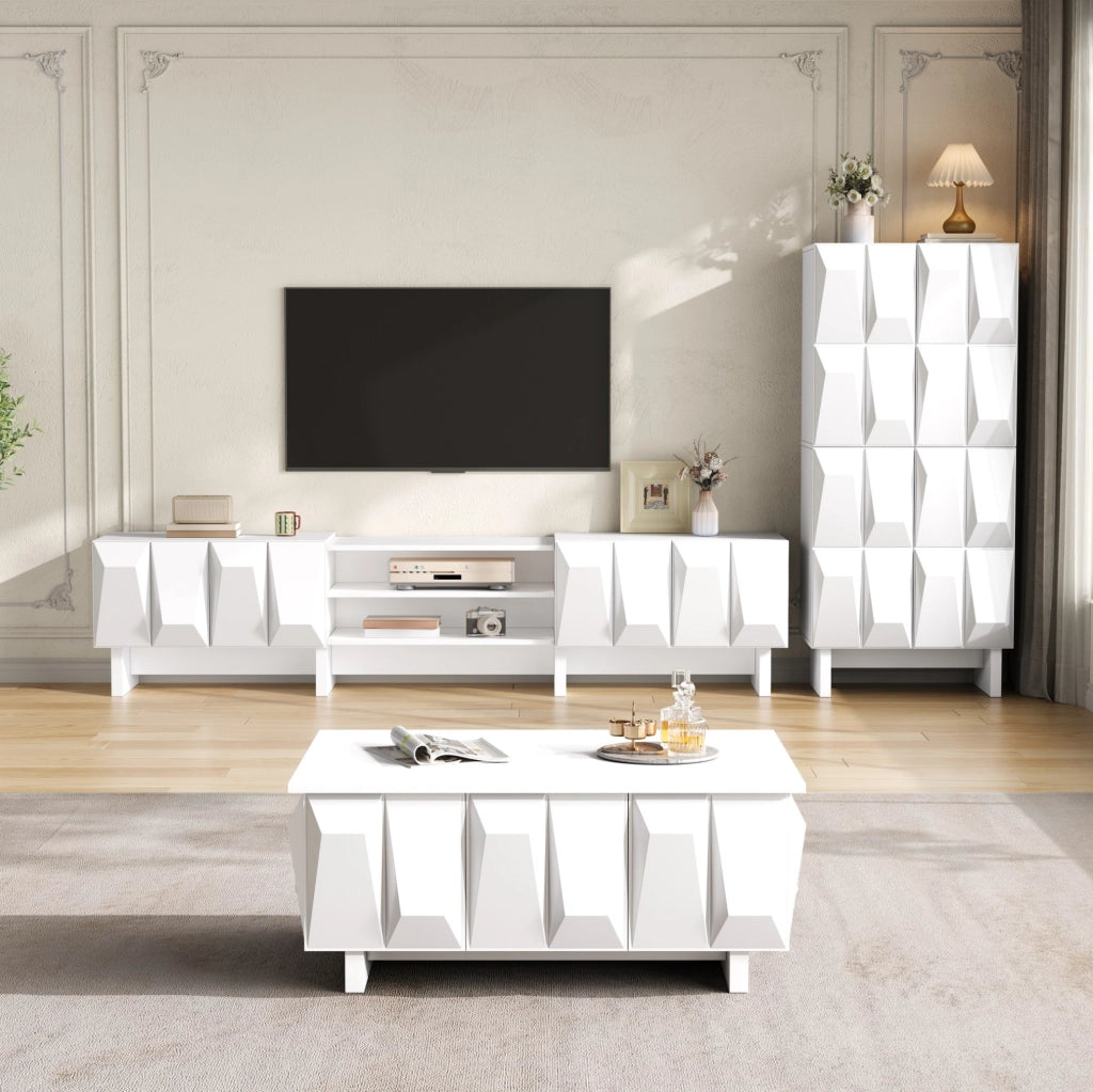 Set di mobili da soggiorno bianco con frontali 3D, 3 pezzi