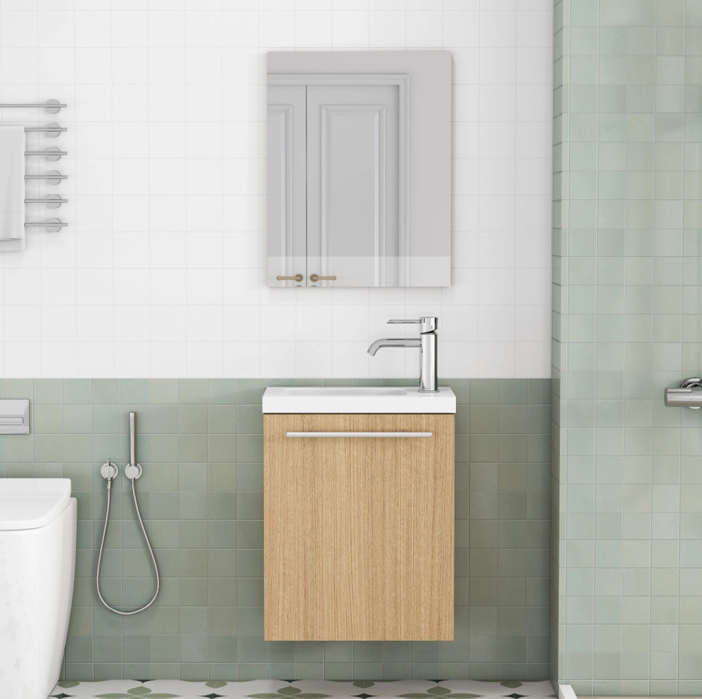 Mobile bagno sospeso rovere con lavabo in ceramica e specchio