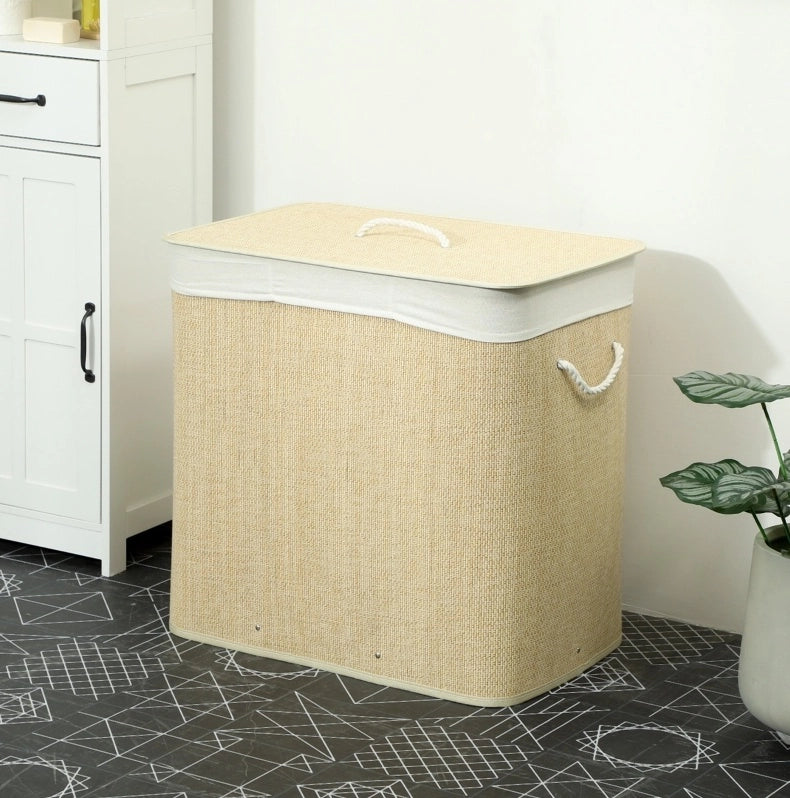 Cesto portabiancheria in bambù color crema da 144 l con coperchio