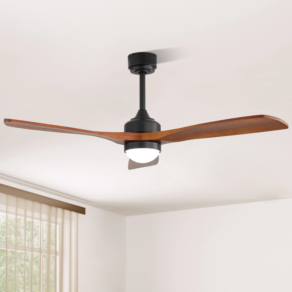 Ventilatore da soffitto da 52 pollici con luce LED dimmerabile; motore DC reversibile; telecomando; nero; in legno