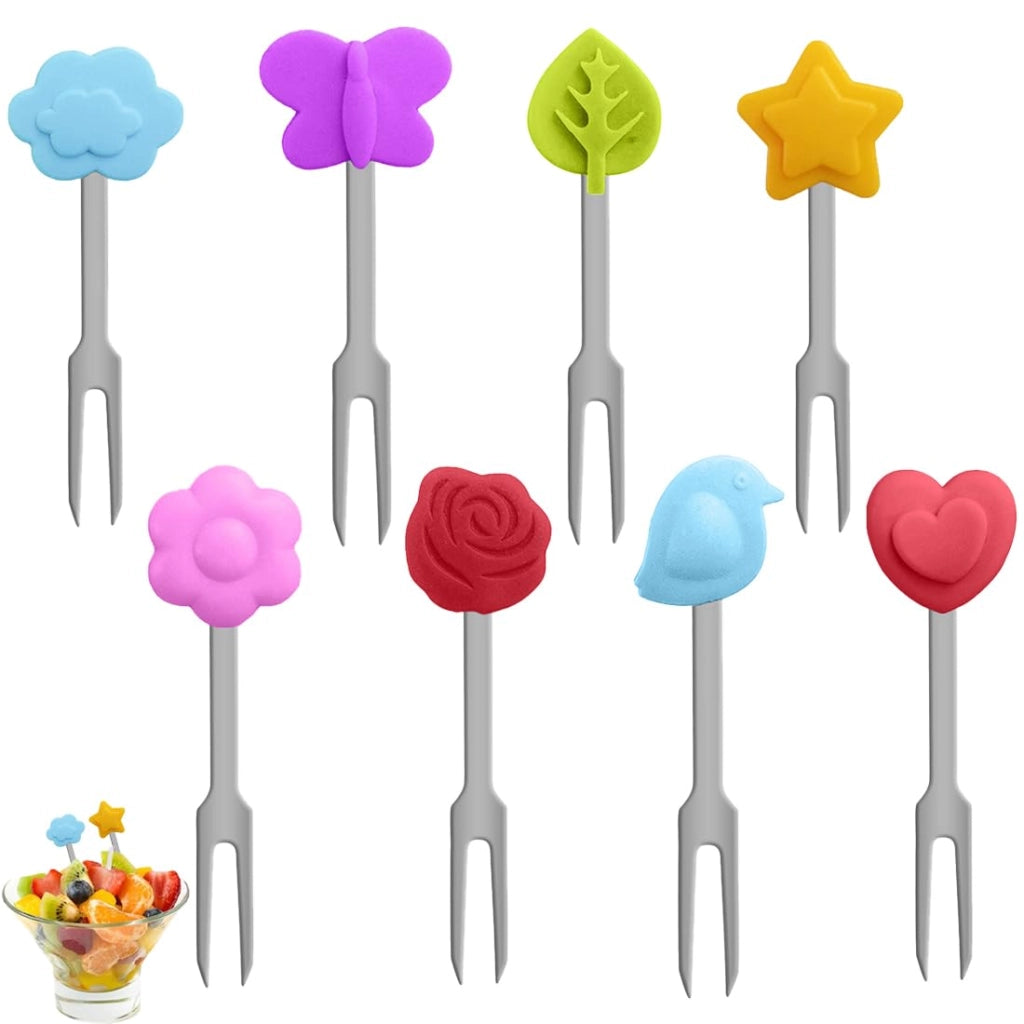 8 forchette per frutta per bambini in acciaio inossidabile, colorate, con manico in silicone