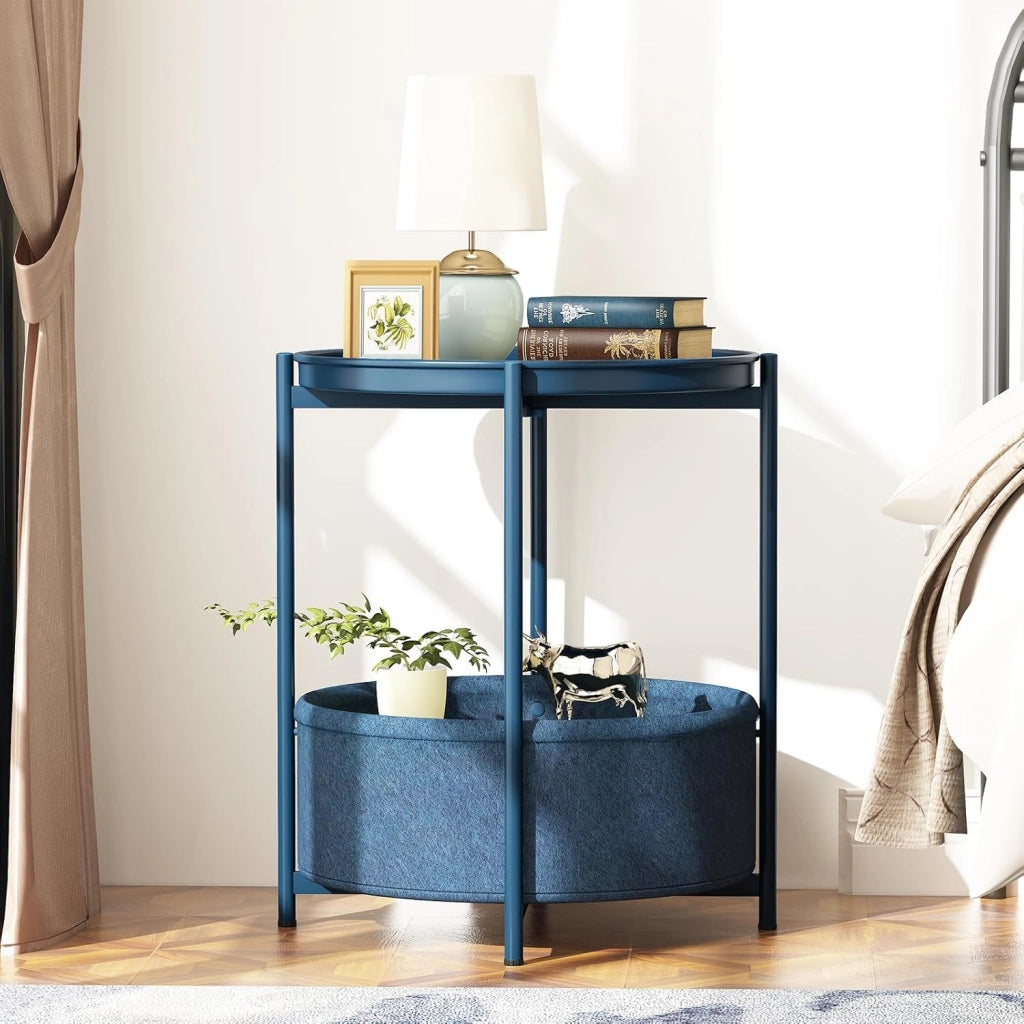 Tavolino rotondo con cesto in tessuto, colore blu, dimensioni 44,3 x 44,3 x 52 cm