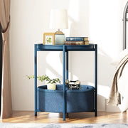 Tavolino rotondo con cesto in tessuto, colore blu, dimensioni 44,3 x 44,3 x 52 cm