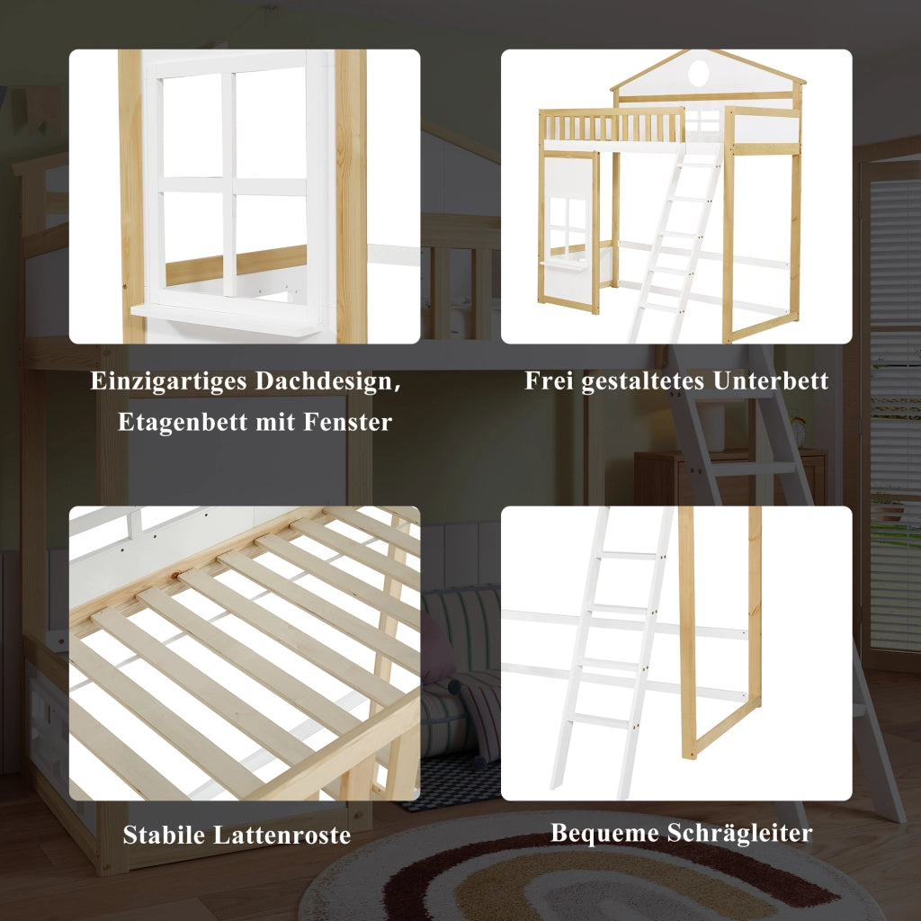 Letto a castello per bambini 90 × 200 cm con scala protezione anticaduta legno bianco e naturale con tetto