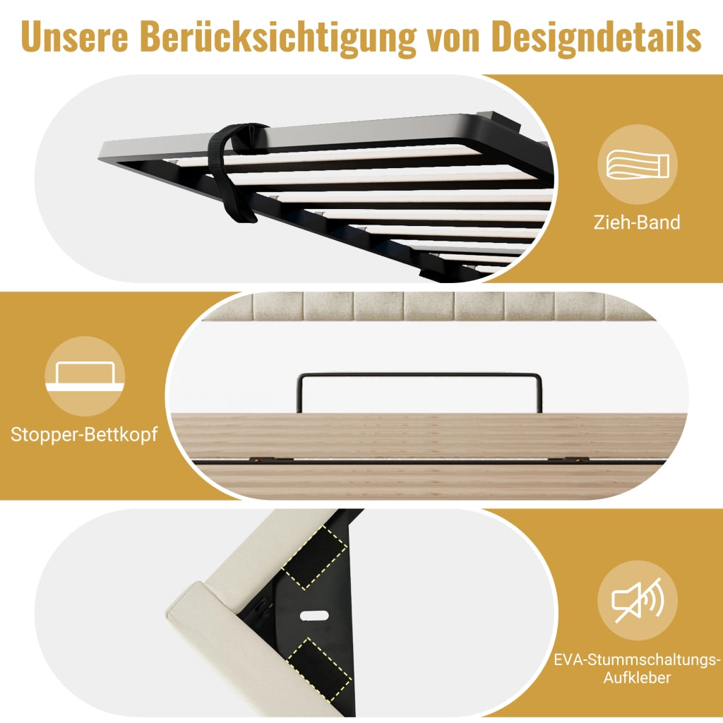 Letto singolo 90 × 200 cm con contenitore idraulico LED USB Type C in lino beige con testiera a ripiani