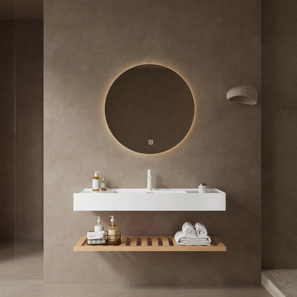 Mobile bagno sospeso 120 cm con lavabo acrilico bianco e ripiani effetto legno naturale