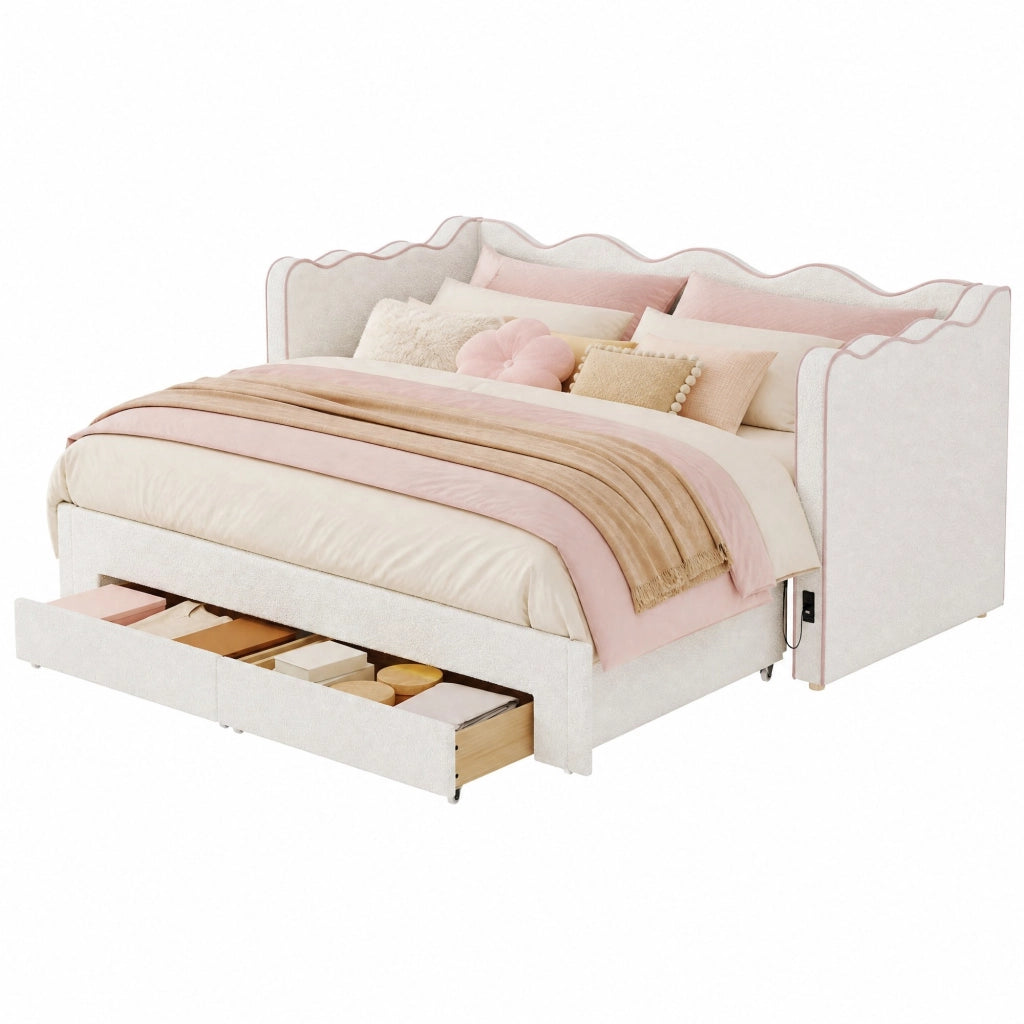 Letto da giorno estraibile 90 × 200 cm; estensibile a 180 × 200 cm; bouclé beige con USB e Type-C